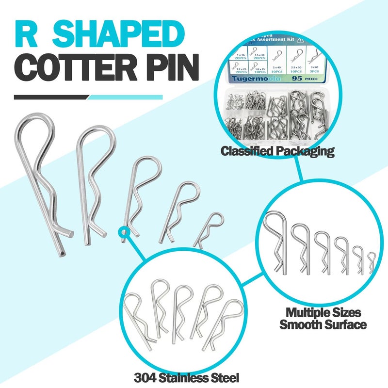 Tugermoola 95PCS 7 Sizes Stainless Steel Hitch Pin Clip Assortment Kit R Shaped Cotter Pins Fastener Clips OLA031 - Image 3
